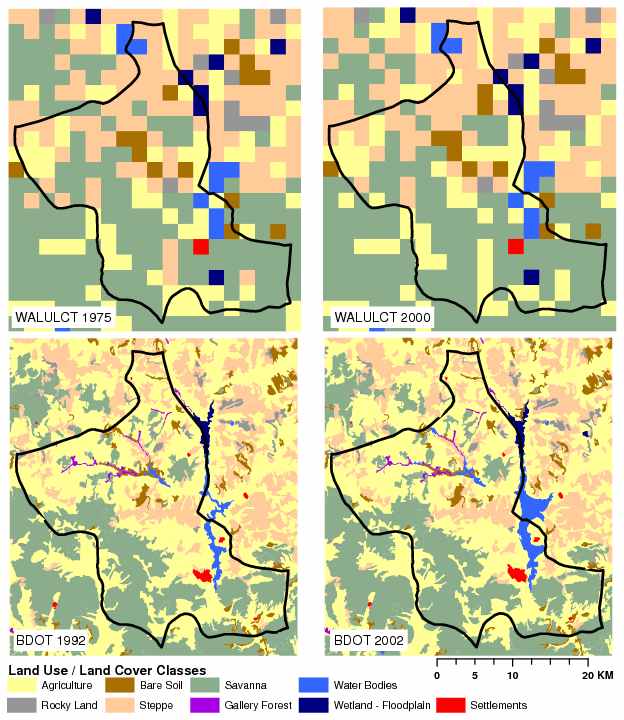 Land-Use/Land-cover Change for Kongoussi: 1975 and 2000 (top) and 1992 and 2002 (bottom) - Source: West et al. submitted