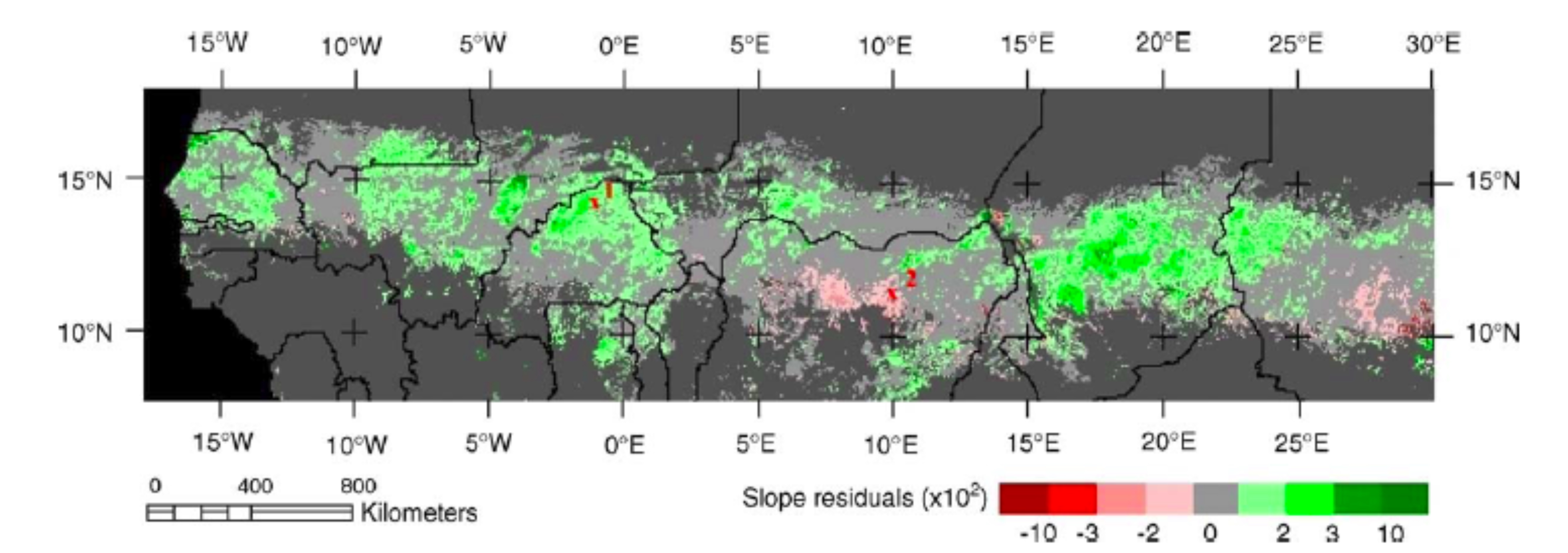 Greening (green) and browning (red) of the West African Sahel - Source: Herrmann, Anyamba and Tucker, 2005